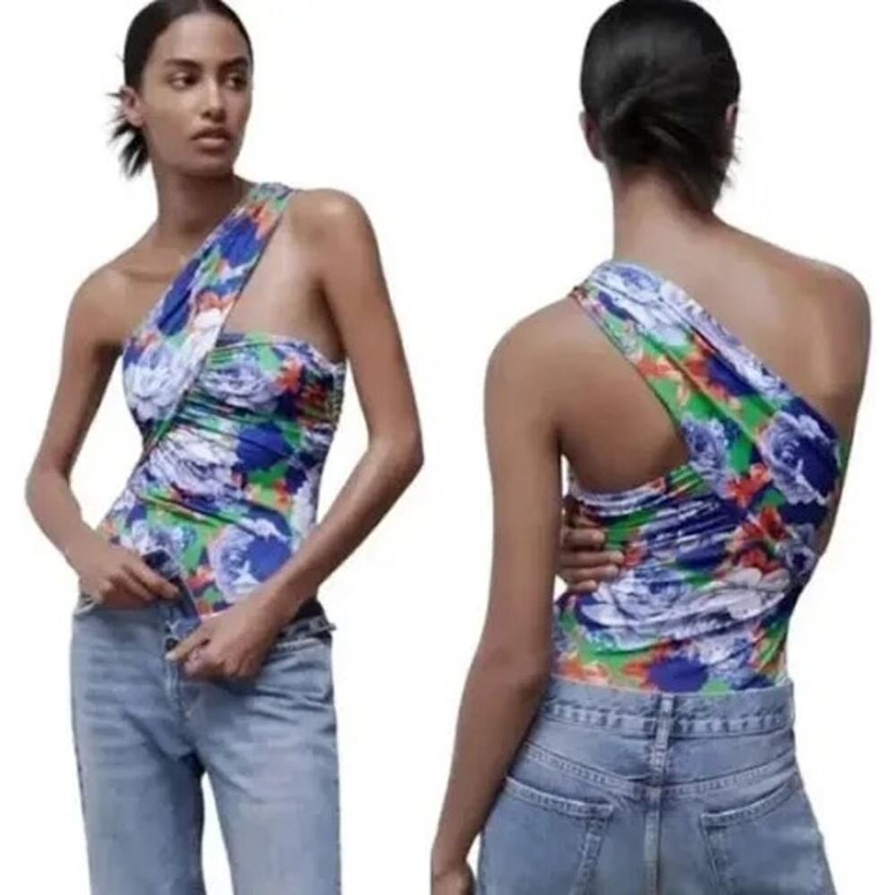 Zara Bodysuit Floral Multicolor One Shoulder Ruched Blue Green Floral M